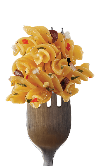Rotini noodles on a silver fork