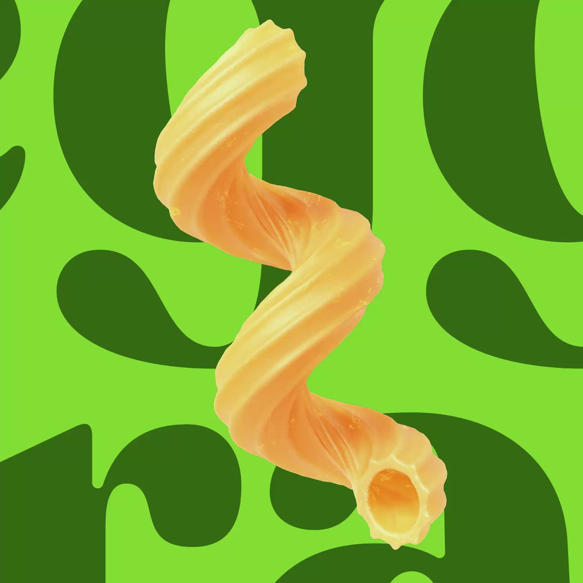Zoomed-in Cauliflower Cavatappi pasta noodle with a green background