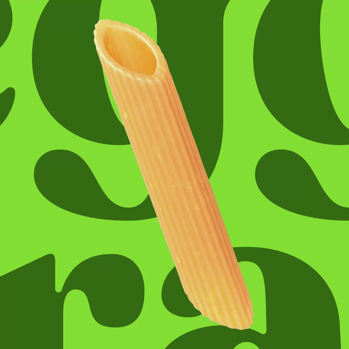 Zoomed-in photo of the Cauliflower Penne pasta noodle with a green background